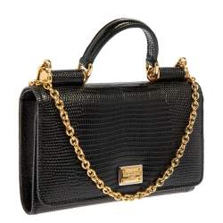 Pre Owned Dolce & Gabbana Black Lizard Embossed Leather Sicily Von Wallet on Chain