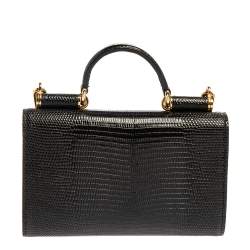 Pre Owned Dolce & Gabbana Black Lizard Embossed Leather Sicily Von Wallet on Chain