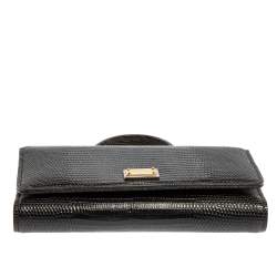 Pre Owned Dolce & Gabbana Black Lizard Embossed Leather Sicily Von Wallet on Chain