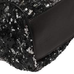 Pre Owned Dolce & Gabbana Black/Silver Sequins and Astrakhan Fur Large Miss Sicily Top Handle Bag