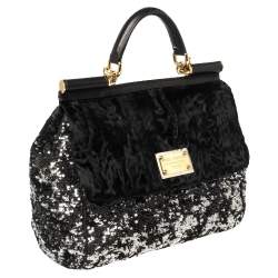 Pre Owned Dolce & Gabbana Black/Silver Sequins and Astrakhan Fur Large Miss Sicily Top Handle Bag