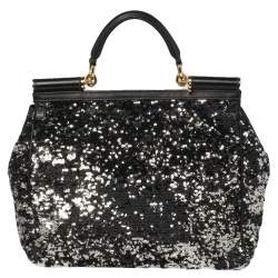 Pre Owned Dolce & Gabbana Black/Silver Sequins and Astrakhan Fur Large Miss Sicily Top Handle Bag