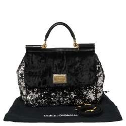 Pre Owned Dolce & Gabbana Black/Silver Sequins and Astrakhan Fur Large Miss Sicily Top Handle Bag