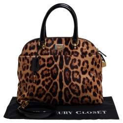 Pre Owned Dolce & Gabbana Black/Brown Leopard Print Calf Hair and Patent Satchel