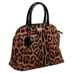 Pre Owned Dolce & Gabbana Black/Brown Leopard Print Calf Hair and Patent Satchel