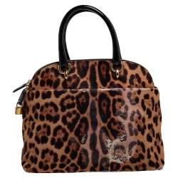 Pre Owned Dolce & Gabbana Black/Brown Leopard Print Calf Hair and Patent Satchel