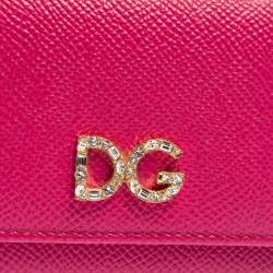 Pre Owned Dolce & Gabbana Fuchsia Leather DG Crystal Embellished Trifold Wallet