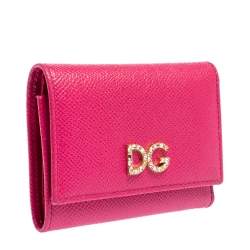Pre Owned Dolce & Gabbana Fuchsia Leather DG Crystal Embellished Trifold Wallet