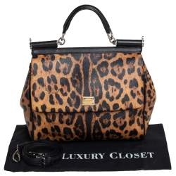 Pre Owned حقيبة دولتشي أند غابانا ميس سيسيلي كبيرة يد علوية كانفاس مقوى مطبوع نقشة الفهد بني / أسود