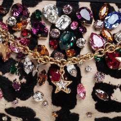 Pre Owned Dolce & Gabbana Whit/Black Leopard Print Calf Hair Crystal Embellished Frame Chain Clutch