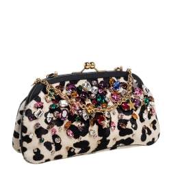 Pre Owned Dolce & Gabbana Whit/Black Leopard Print Calf Hair Crystal Embellished Frame Chain Clutch