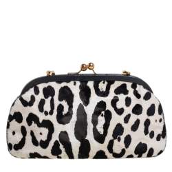 Pre Owned Dolce & Gabbana Whit/Black Leopard Print Calf Hair Crystal Embellished Frame Chain Clutch