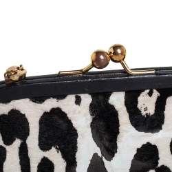 Pre Owned Dolce & Gabbana Whit/Black Leopard Print Calf Hair Crystal Embellished Frame Chain Clutch