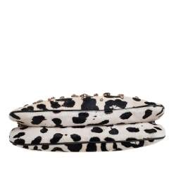 Pre Owned Dolce & Gabbana Whit/Black Leopard Print Calf Hair Crystal Embellished Frame Chain Clutch