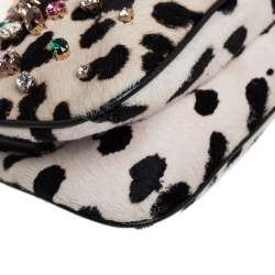Pre Owned Dolce & Gabbana Whit/Black Leopard Print Calf Hair Crystal Embellished Frame Chain Clutch