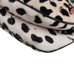Pre Owned Dolce & Gabbana Whit/Black Leopard Print Calf Hair Crystal Embellished Frame Chain Clutch