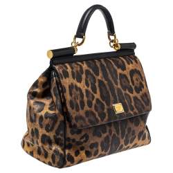 مملوكة مسبقًا Dolce & Gabbana Black/Brown Leopard Print Coated Canvas Large Miss Sicily Top Handle Bag