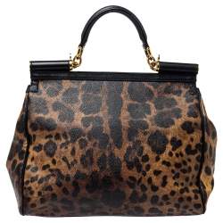 مملوكة مسبقًا Dolce & Gabbana Black/Brown Leopard Print Coated Canvas Large Miss Sicily Top Handle Bag