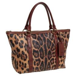 Pre Owned Dolce & Gabbana Brown Leopard Print Coated Canvas Animalier Shopper Tote