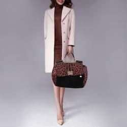 Dolce & Gabbana Black/Burgundy Leopard Print Canvas and Crochet Sicily Large Top Handle Bag
