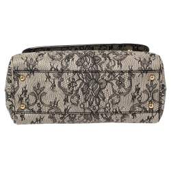 Pre Owned Dolce & Gabbana Beige/Black Lace Print Leather Medium Miss Sicily Top Handle Bag