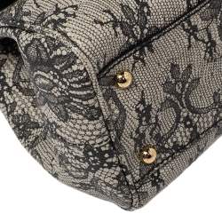 Pre Owned Dolce & Gabbana Beige/Black Lace Print Leather Medium Miss Sicily Top Handle Bag