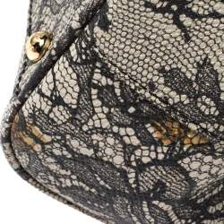 Pre Owned Dolce & Gabbana Beige/Black Lace Print Leather Medium Miss Sicily Top Handle Bag