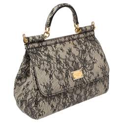 Pre Owned Dolce & Gabbana Beige/Black Lace Print Leather Medium Miss Sicily Top Handle Bag