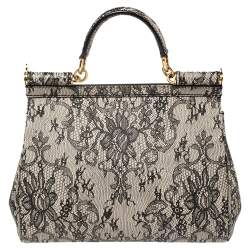 Pre Owned Dolce & Gabbana Beige/Black Lace Print Leather Medium Miss Sicily Top Handle Bag