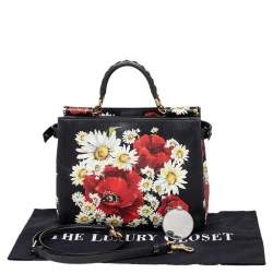 Pre Owned Dolce & Gabbana Black Floral Print Leather Small Miss Sicily Top Handle Bag