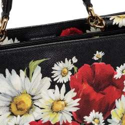 Pre Owned Dolce & Gabbana Black Floral Print Leather Small Miss Sicily Top Handle Bag