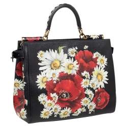 Pre Owned Dolce & Gabbana Black Floral Print Leather Small Miss Sicily Top Handle Bag