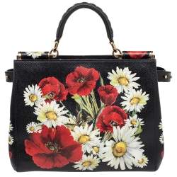 Pre Owned Dolce & Gabbana Black Floral Print Leather Small Miss Sicily Top Handle Bag