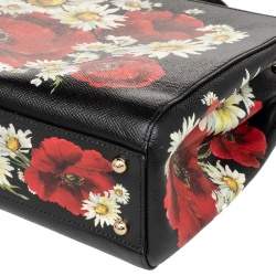 Pre Owned Dolce & Gabbana Black Floral Print Leather Small Miss Sicily Top Handle Bag