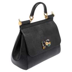 مملوكة مسبقًا حقيبة دولتشي أند غابانا ميس سيسيلي متوسطة جلد نقش سحلية رمادي