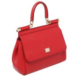 Pre Owned Dolce & Gabbana Bright Red Leather Small Miss Sicily Top Handle Bag