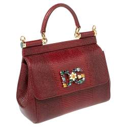 مملوكة مسبقًا Dolce & Gabbana Burgundy Glossy Lizard Embossed Leather Small Miss Sicily Top Handle Bag