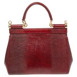 مملوكة مسبقًا Dolce & Gabbana Burgundy Glossy Lizard Embossed Leather Small Miss Sicily Top Handle Bag