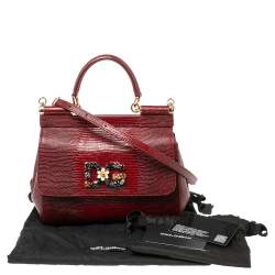 مملوكة مسبقًا Dolce & Gabbana Burgundy Glossy Lizard Embossed Leather Small Miss Sicily Top Handle Bag