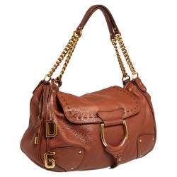 Pre Owned Dolce & Gabbana Brown Leather D Ring Flap Chain Hobo 