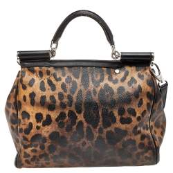مملوكة مسبقًا Dolce & Gabbana Black/Brown Leopard Print Coated Canvas and Leather Large Miss Sicily Top Handle Bag
