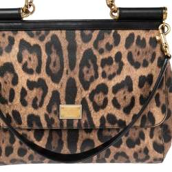 Pre Owned Dolce & Gabbana Black/Brown Leopard Print Coated Canvas Large Miss Sicily Top Handle Bag