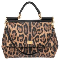 Pre Owned Dolce & Gabbana Black/Brown Leopard Print Coated Canvas Large Miss Sicily Top Handle Bag