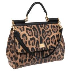 Pre Owned Dolce & Gabbana Black/Brown Leopard Print Coated Canvas Large Miss Sicily Top Handle Bag