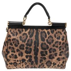Pre Owned Dolce & Gabbana Black/Brown Leopard Print Coated Canvas Large Miss Sicily Top Handle Bag
