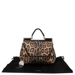Pre Owned Dolce & Gabbana Black/Brown Leopard Print Coated Canvas Large Miss Sicily Top Handle Bag