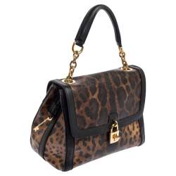 Pre Owned Dolce & Gabbana Black/Brown Leopard Print Coated Canvas and Leather Padlock Top Handle Bag