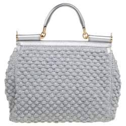 Dolce & Gabbana Metallic Silver Crochet and Leather Large Miss Sicily Top Handle Bag