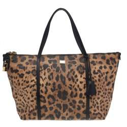 Pre Owned Dolce & Gabbana Black/Beige Leopard Print Coated Canvas and Leather Miss Escape Tote