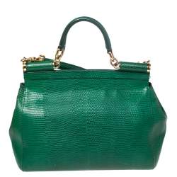 Pre Owned Dolce & Gabbana Green Lizard Embossed Leather Medium Miss Sicily Top Handle Bag